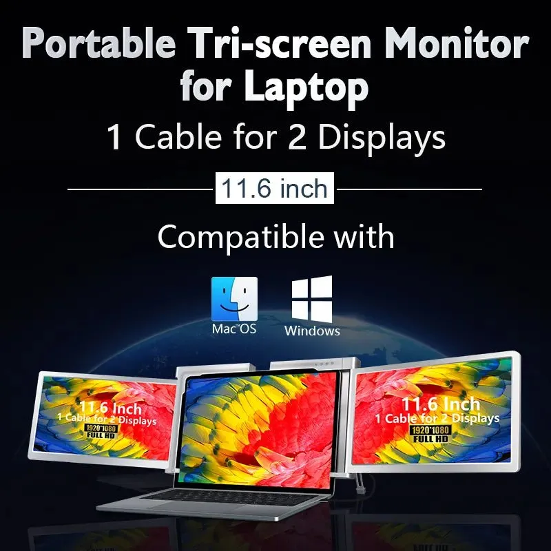 11.6 Inch FOPO Triple Portable Monitor 1080P FHD IPS Triple Monitor Laptop Screen Extender for 13"-16.5" Laptops 1 Cable for 2 displays