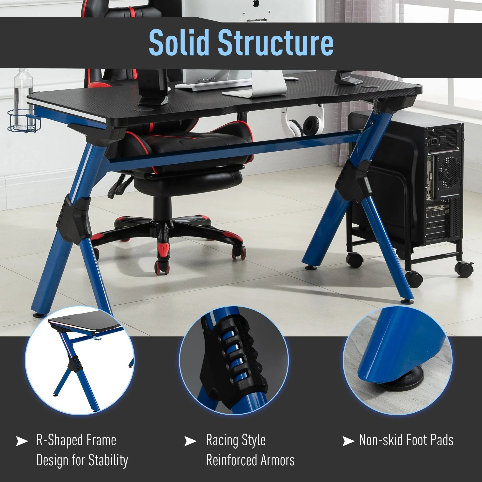 120 Gaming Desk with RGB LED Lights Racing Style Gaming Table with Cup Holder, Cable Management, Blue Office Computer Holder 2