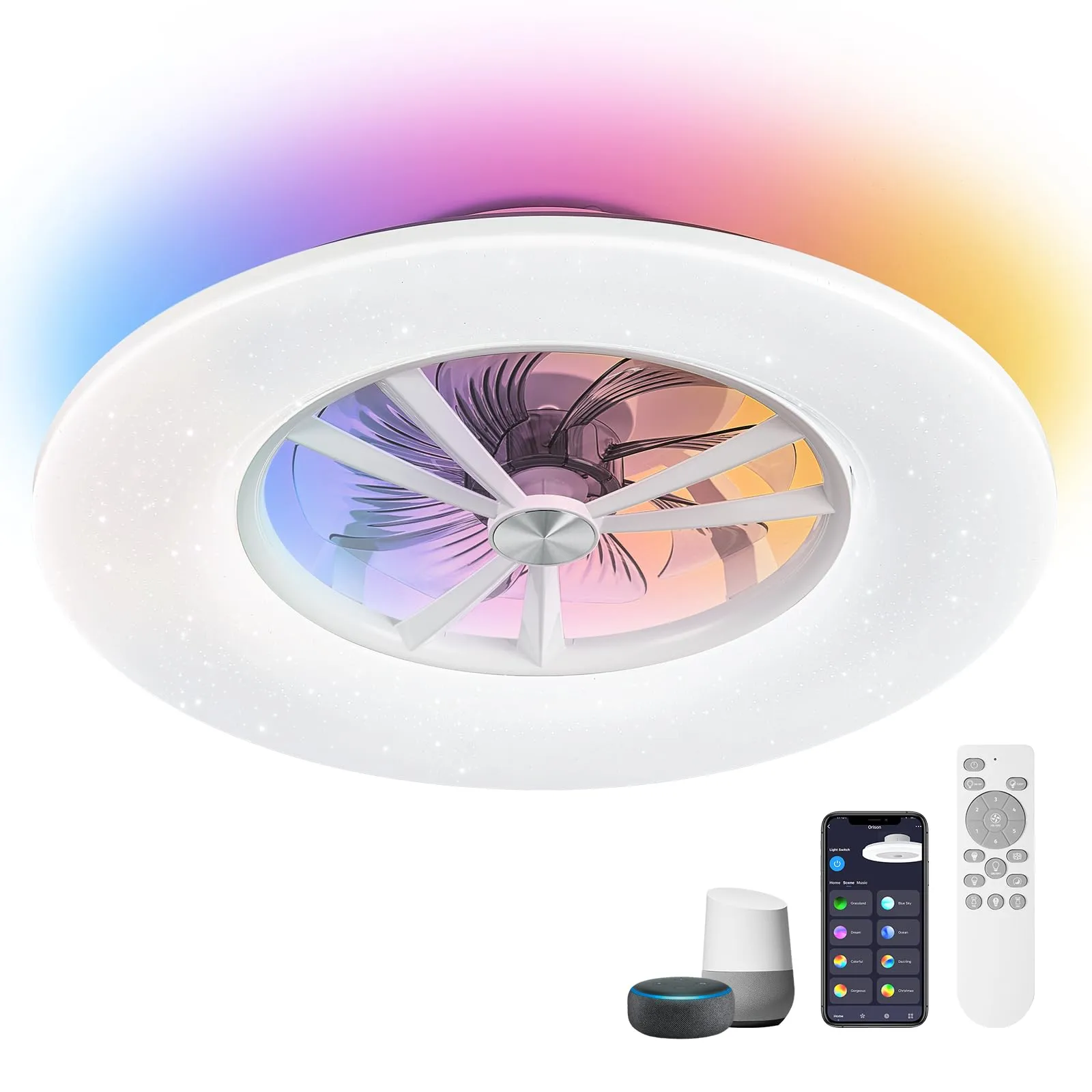 24" Orison RGB Ceiling Fans with Lights, Compatible with Alexa/Google Home and App Controlled