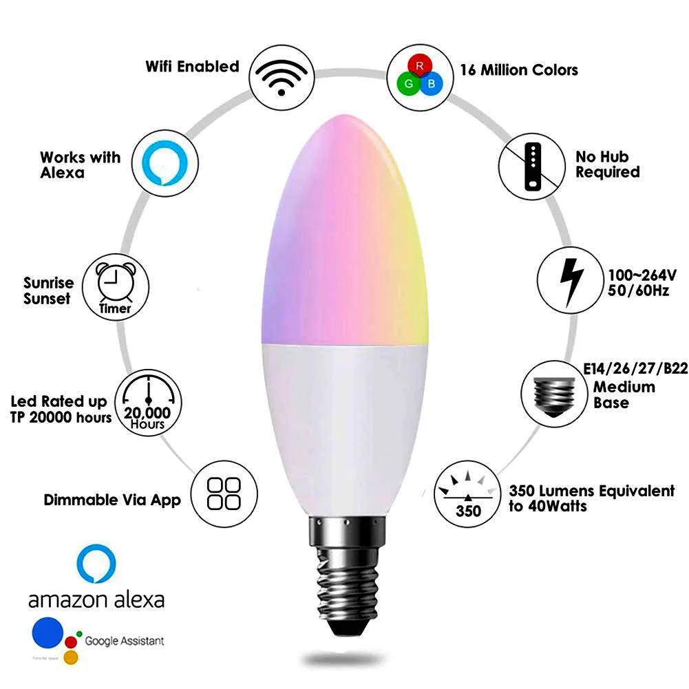 4.5W E14 Base Smart WiFi RGB   White   Warm White Dimmable LED Candle Bulb 6000K-3000K, Works with Google Home, Remote Controlled Via App