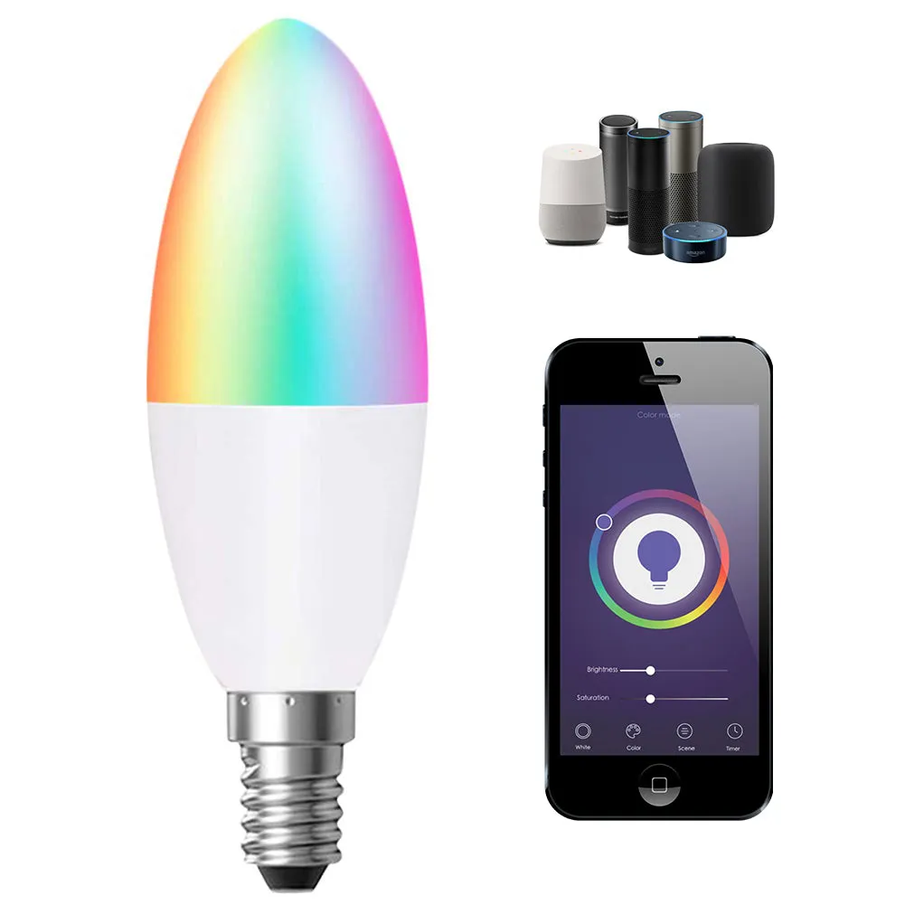 4.5W E14 Base Smart WiFi RGB   White   Warm White Dimmable LED Candle Bulb 6000K-3000K, Works with Google Home, Remote Controlled Via App