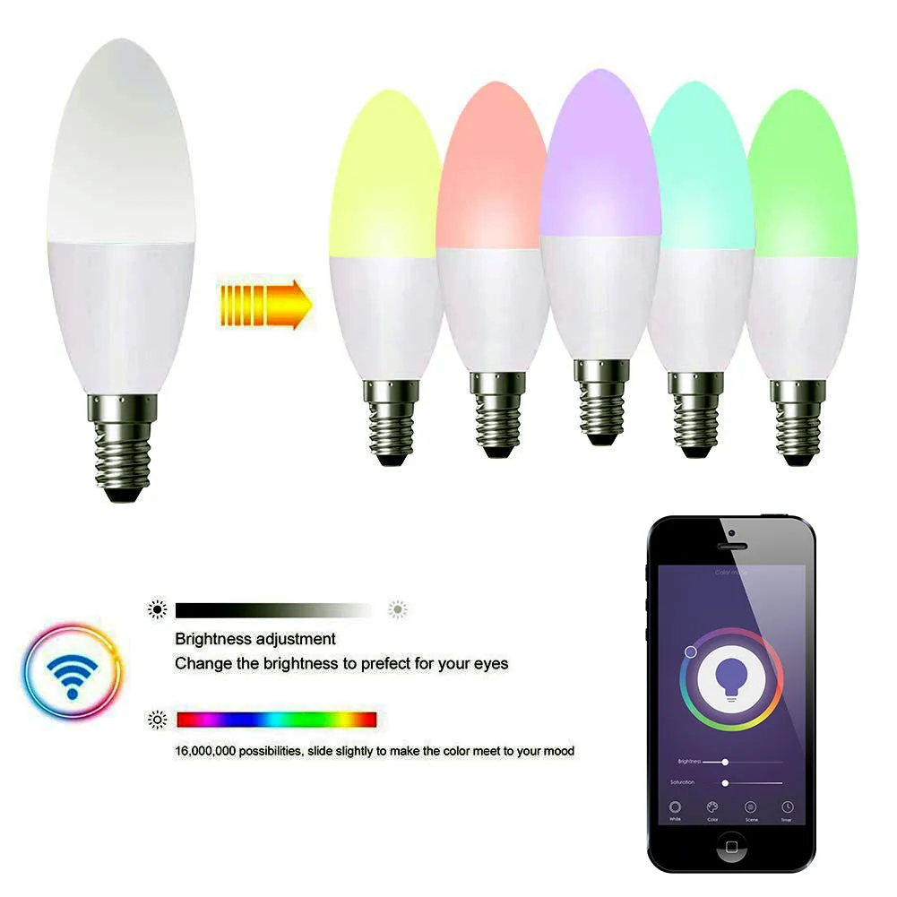 4.5W E14 Base Smart WiFi RGB   White   Warm White Dimmable LED Candle Bulb 6000K-3000K, Works with Google Home, Remote Controlled Via App