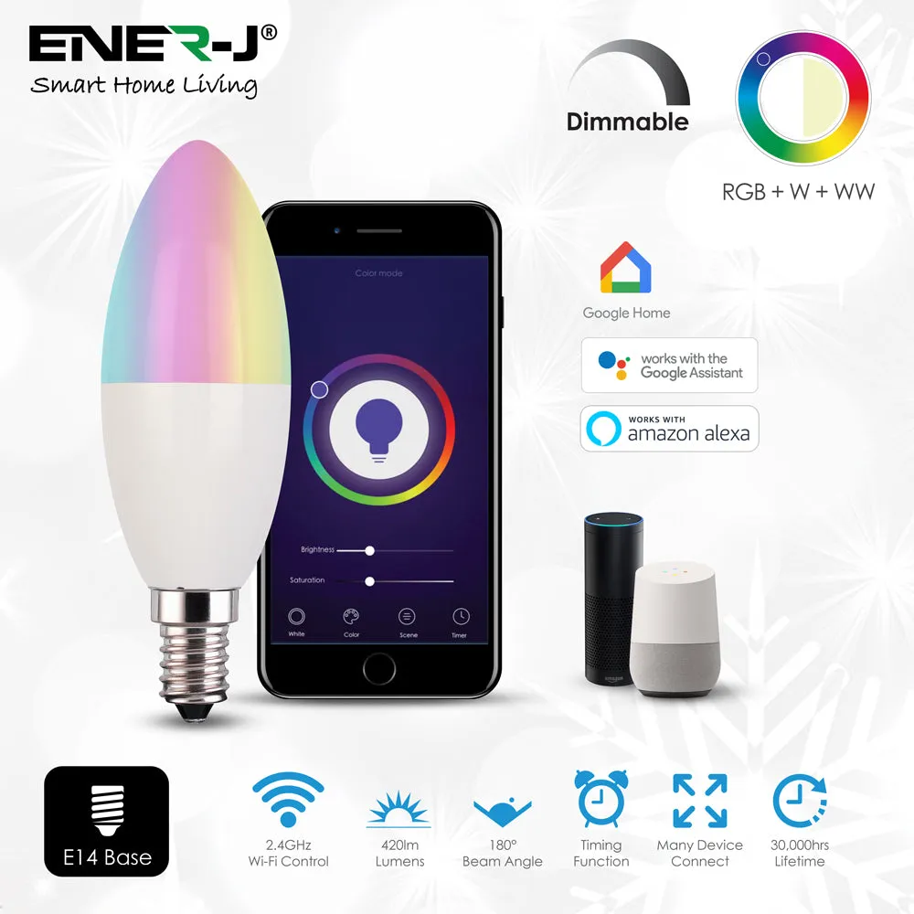 4.5W E14 Base Smart WiFi RGB   White   Warm White Dimmable LED Candle Bulb 6000K-3000K, Works with Google Home, Remote Controlled Via App