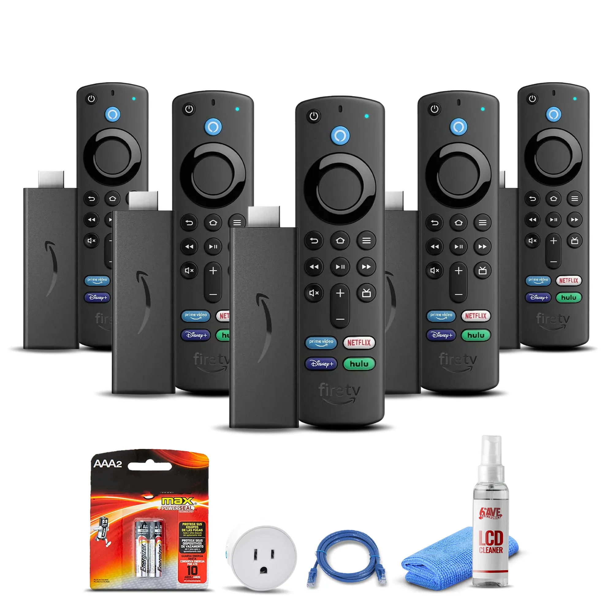 (5) Amazon Fire TV Stick (2021)   Smart Plug   Cat5 Cable   Batteries