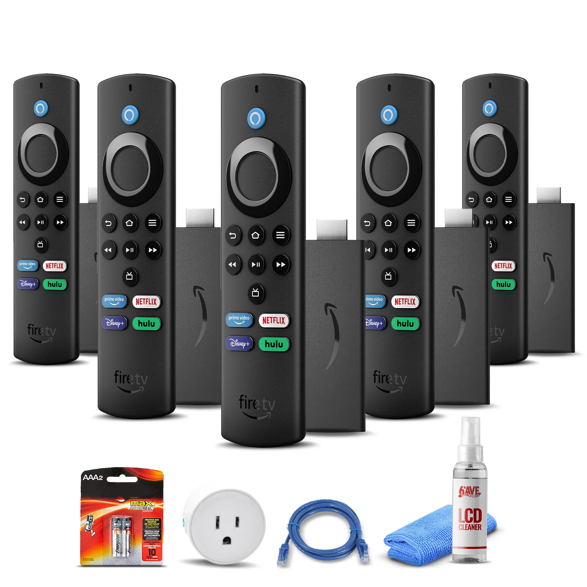 (5) Amazon Fire TV Stick Lite (2021)   Smart Plug   Cat5 Cable   Batteries Bundle