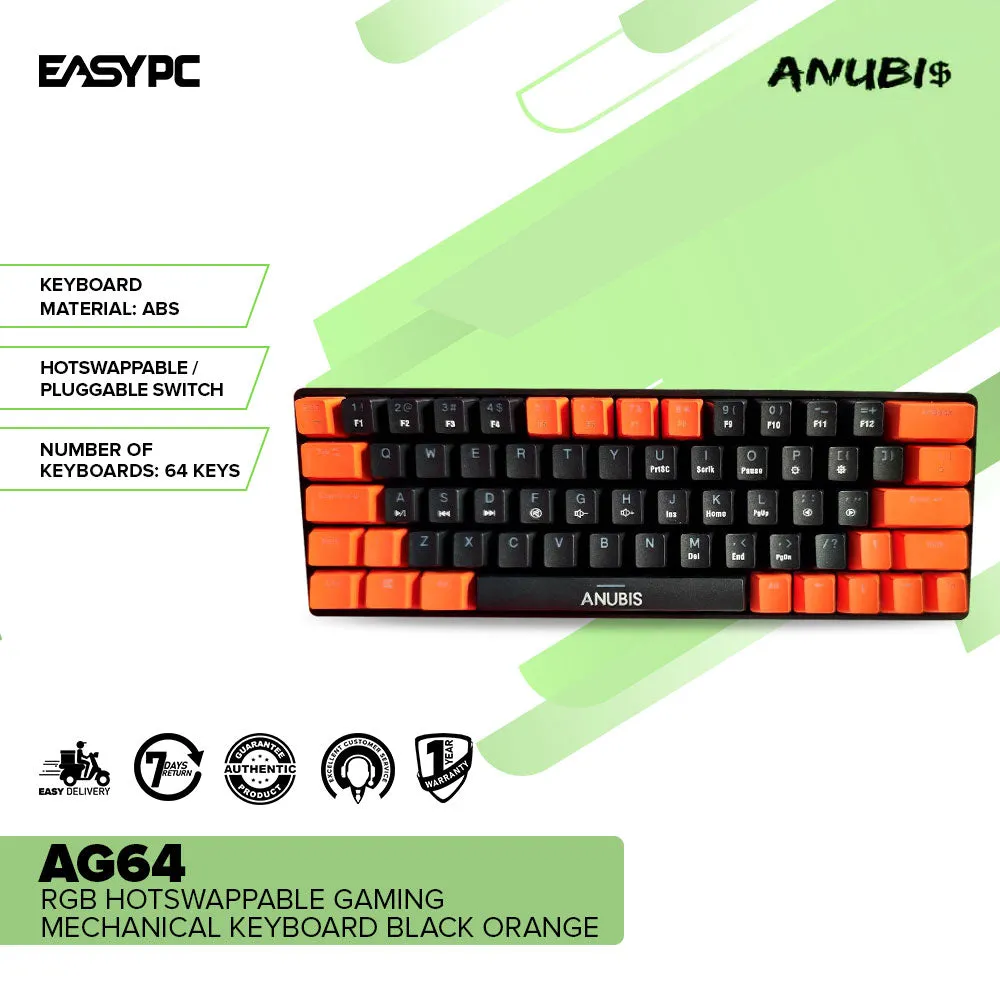 Anubis AG64 RGB Hotswappable Gaming Mechanical Keyboard Black Orange