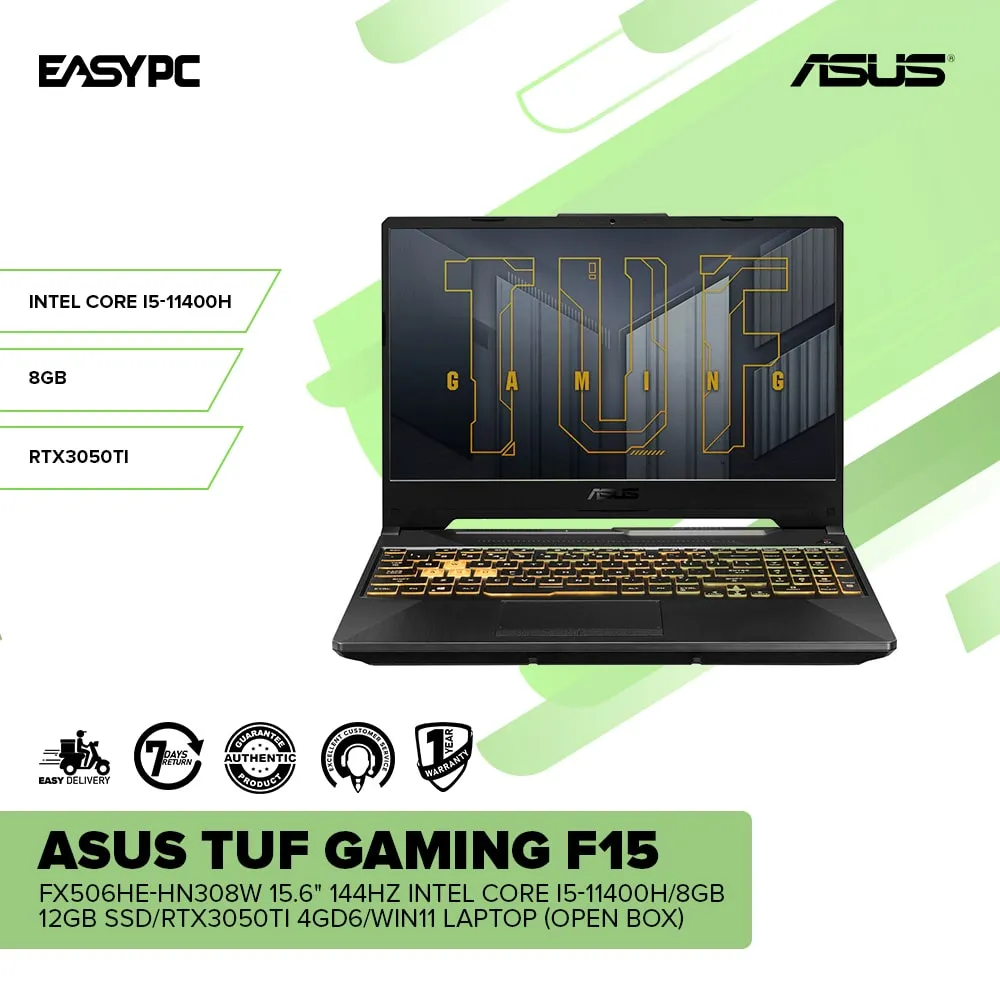 Asus TUF Gaming F15 15.6" 144HZ Intel Core i5-11400H/8GB/12GB SSD/RTX3050TI 4GD6/Win11 Laptop OB