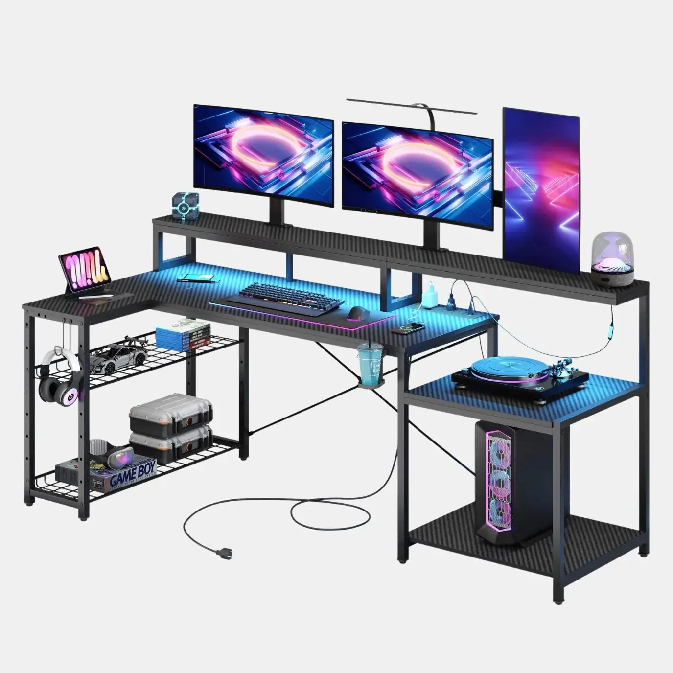 Bestier 71.5'' L Shaped Gaming Desk with Led Lights