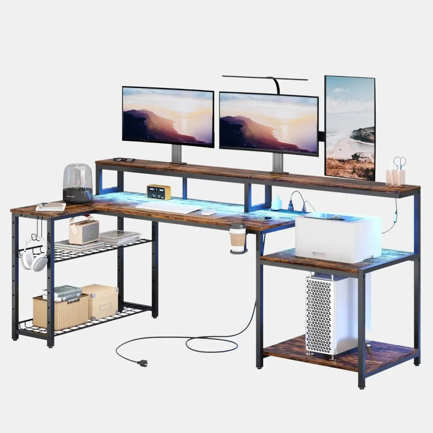 Bestier 71.5'' L Shaped Gaming Desk with Led Lights