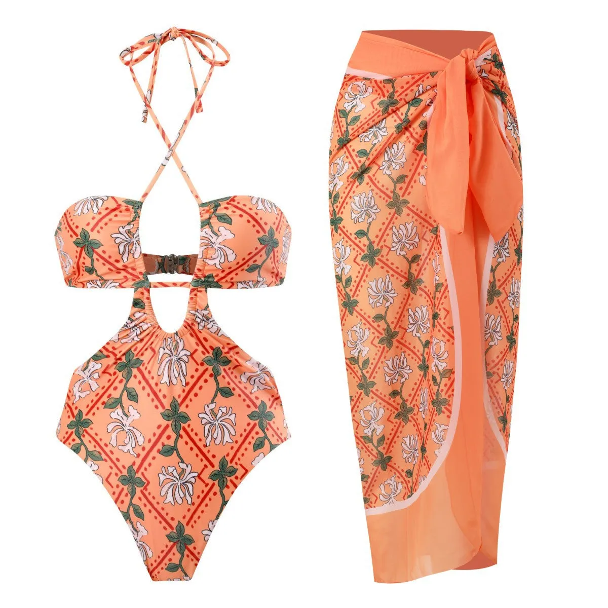 Bohemian-Print Gathered Halterneck Veil One-Piece Swimsuit Set Wholesale Women'S Clothing