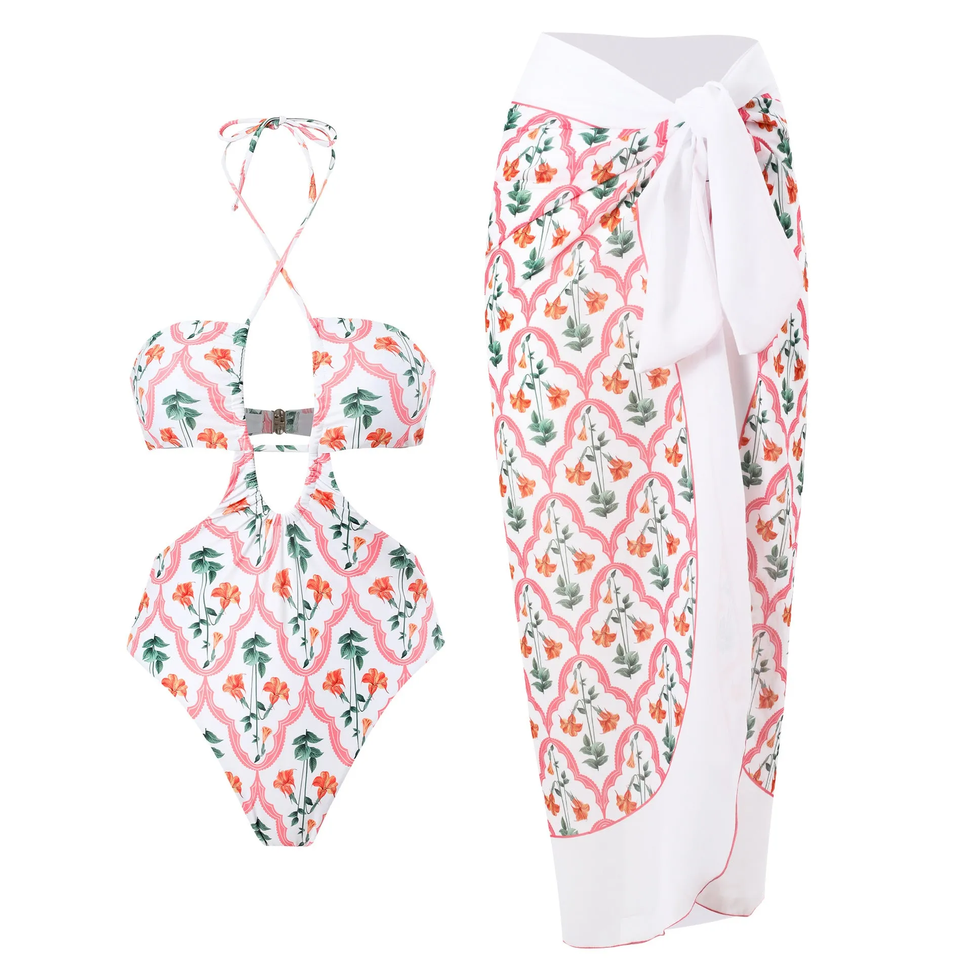 Bohemian-Print Gathered Halterneck Veil One-Piece Swimsuit Set Wholesale Women'S Clothing