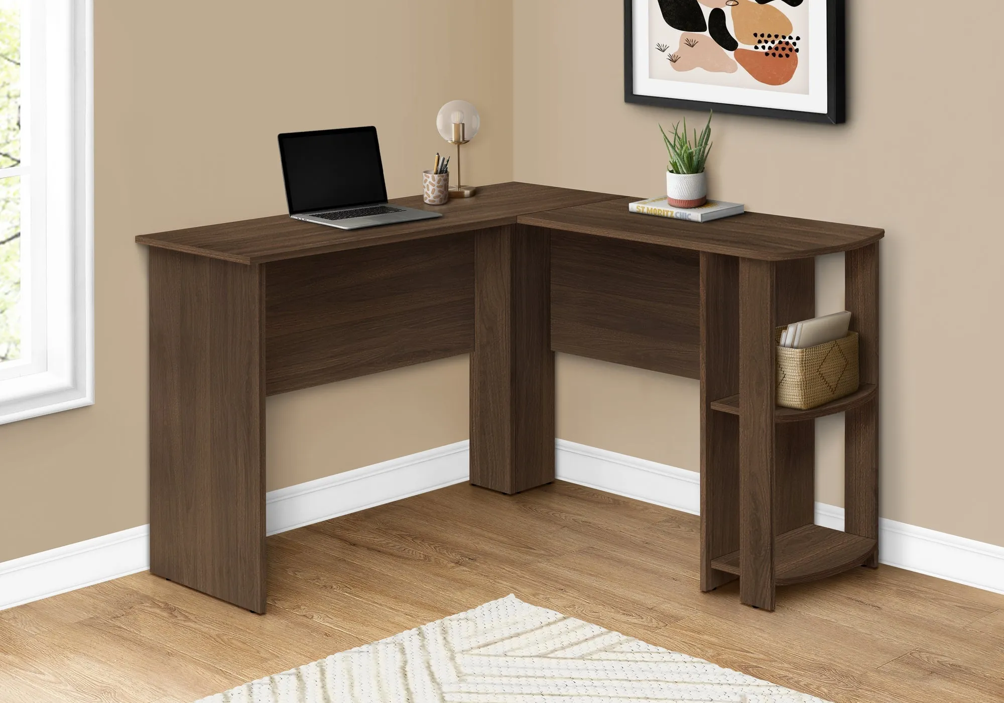 Computer Desk - Dark Walnut L-Shaped Corner / 2 Shelves