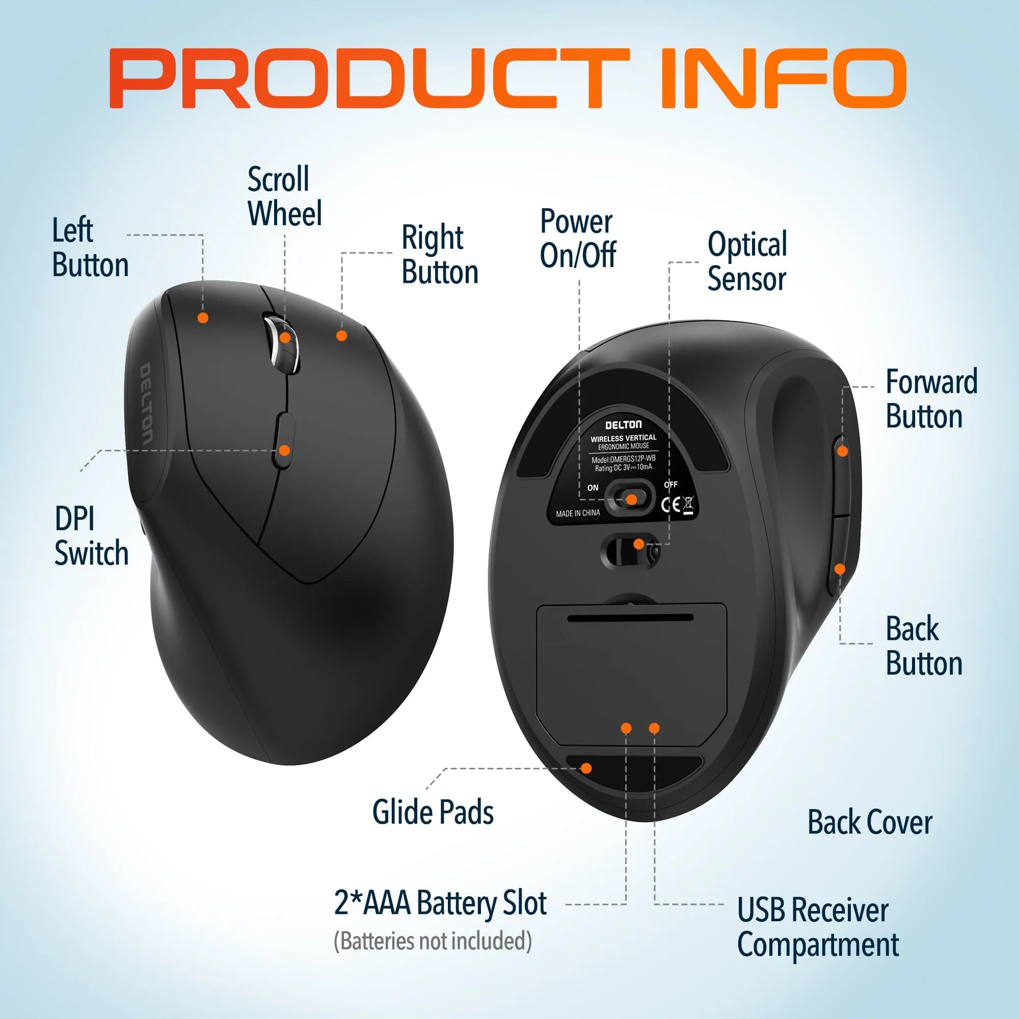 Delton S12Pro Ergonomic Wireless Mouse Vertical Computer Mouse Wireless with Auto Pair USB Dongle