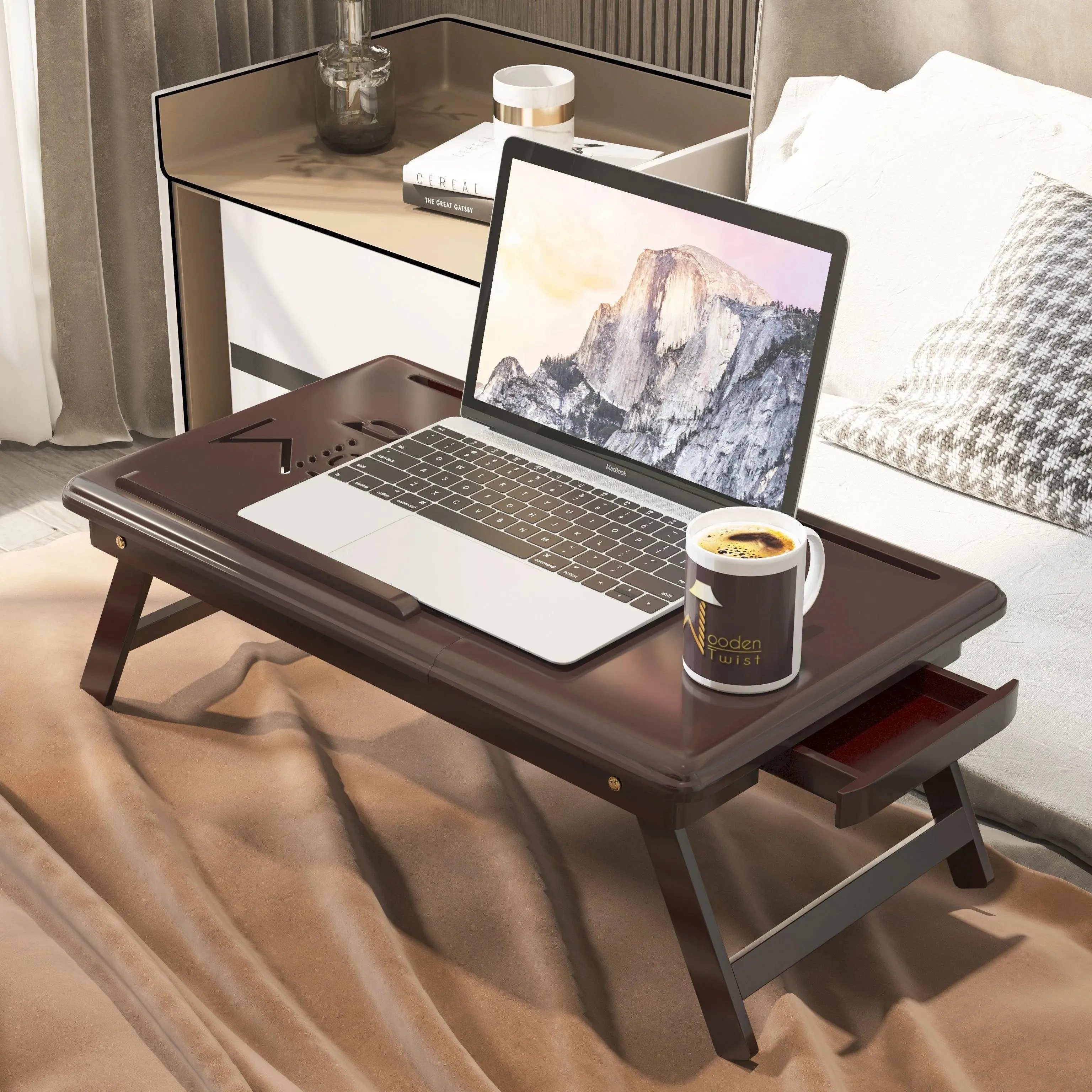 Flexi Wooden Laptop Table With Tablet & Mobile Holder (Brown)