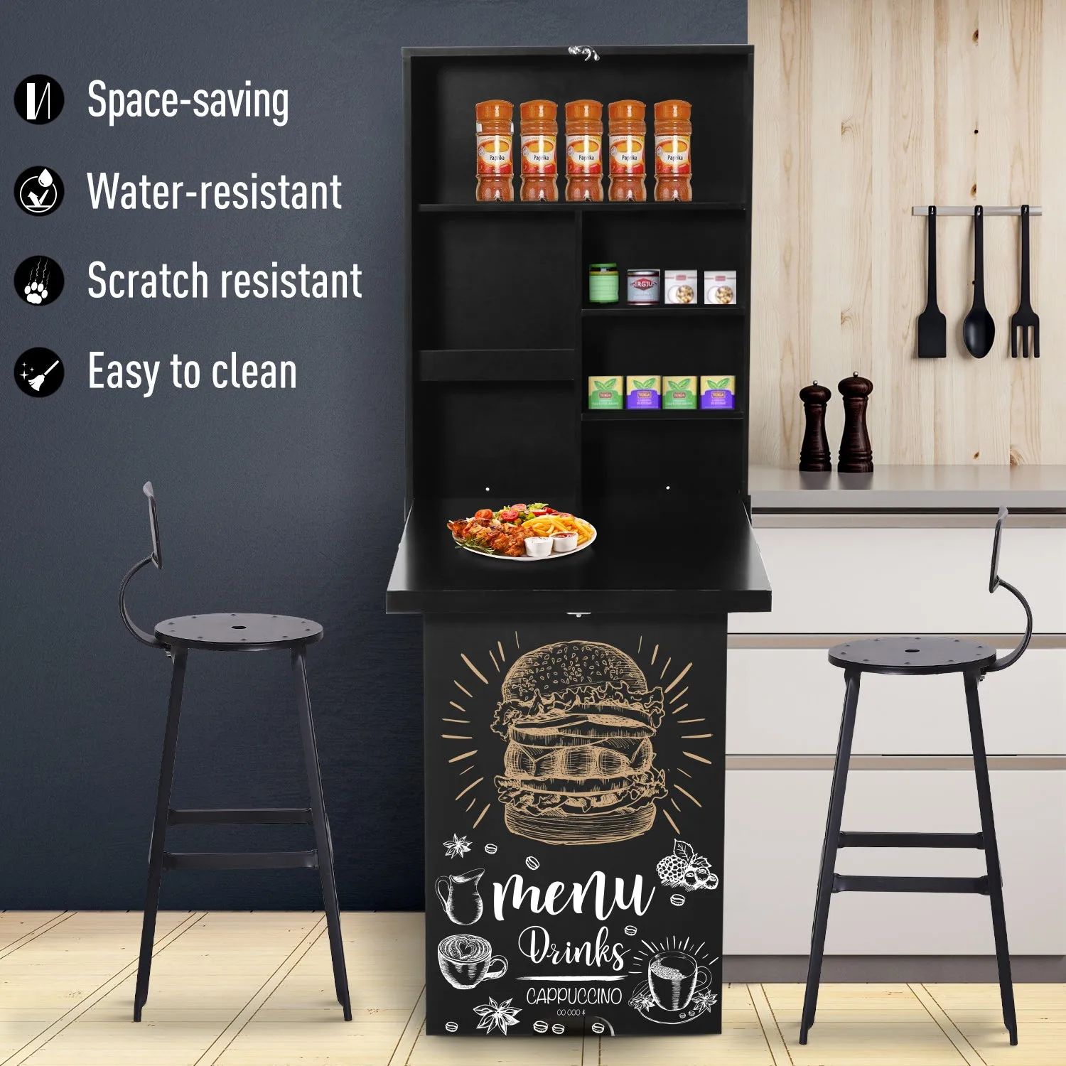 Folding Wall-Mounted Drop-Leaf Table With Chalkboard Shelf Multifunction Black