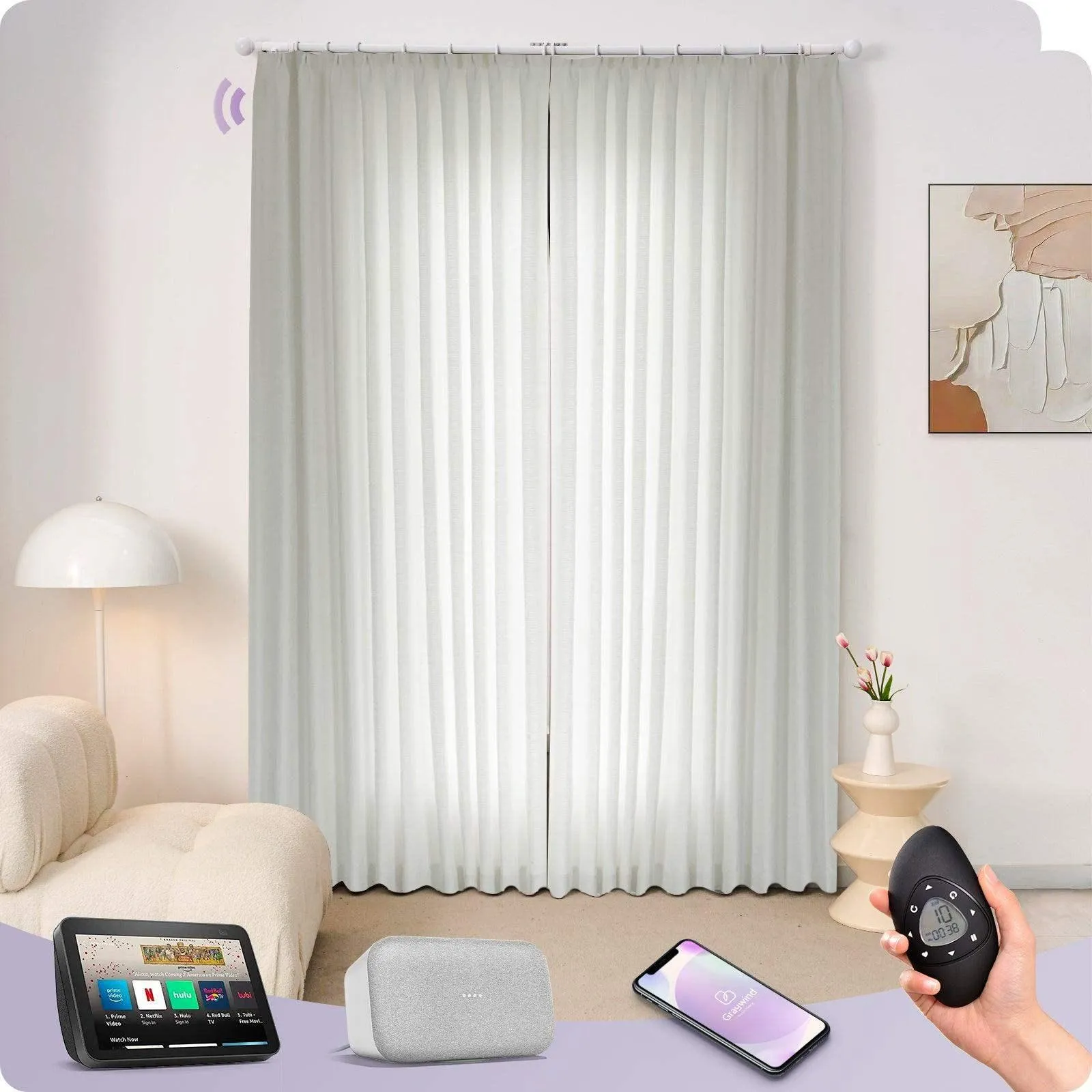 Graywind Hardwired Smart Curtain with Roman Rod | Light Filtering- Designed Series | Customizable