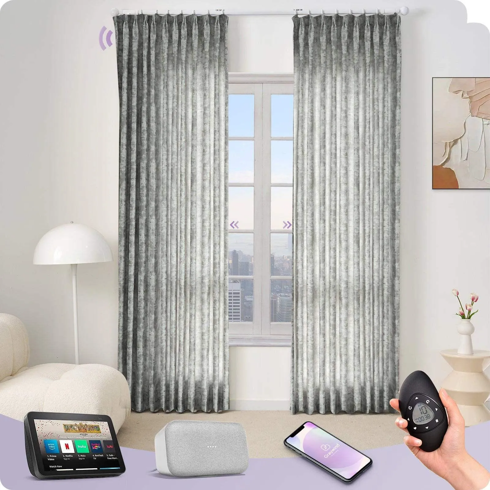 Graywind Hardwired Smart Curtain with Roman Rod | Light Filtering- Designed Series | Customizable