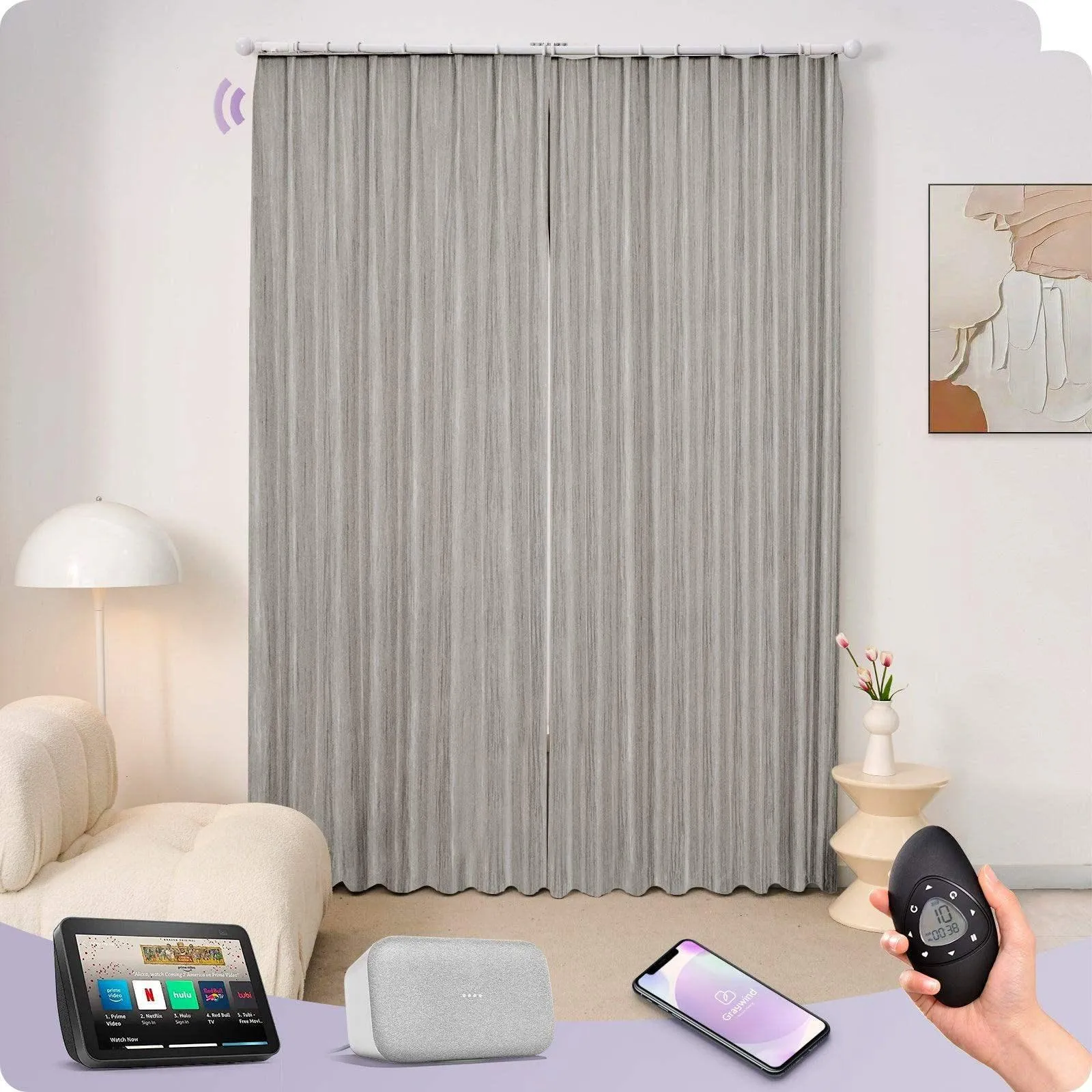 Graywind Hardwired Smart Curtain with Roman Rod | Light Filtering- Designed Series | Customizable