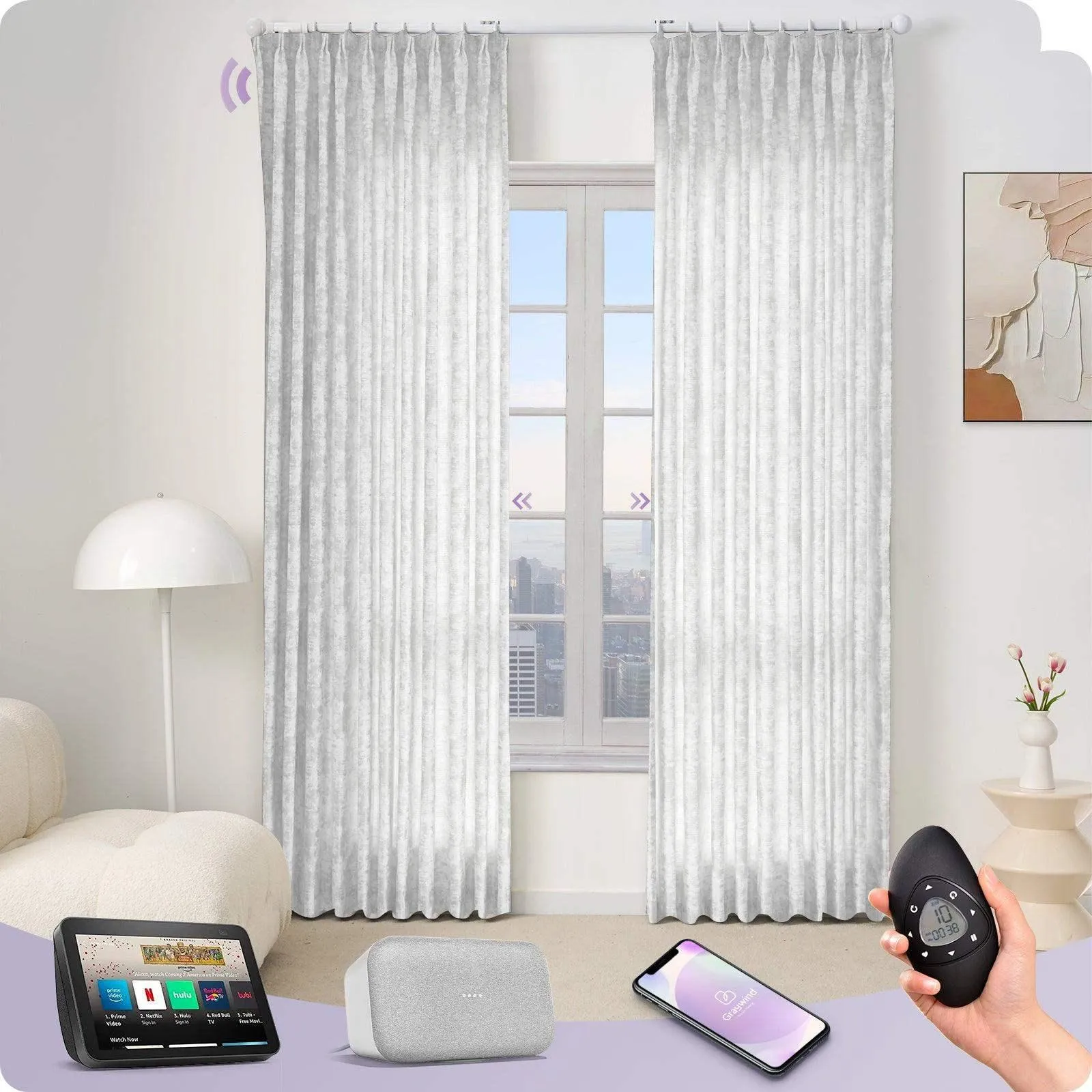 Graywind Hardwired Smart Curtain with Roman Rod | Light Filtering- Designed Series | Customizable