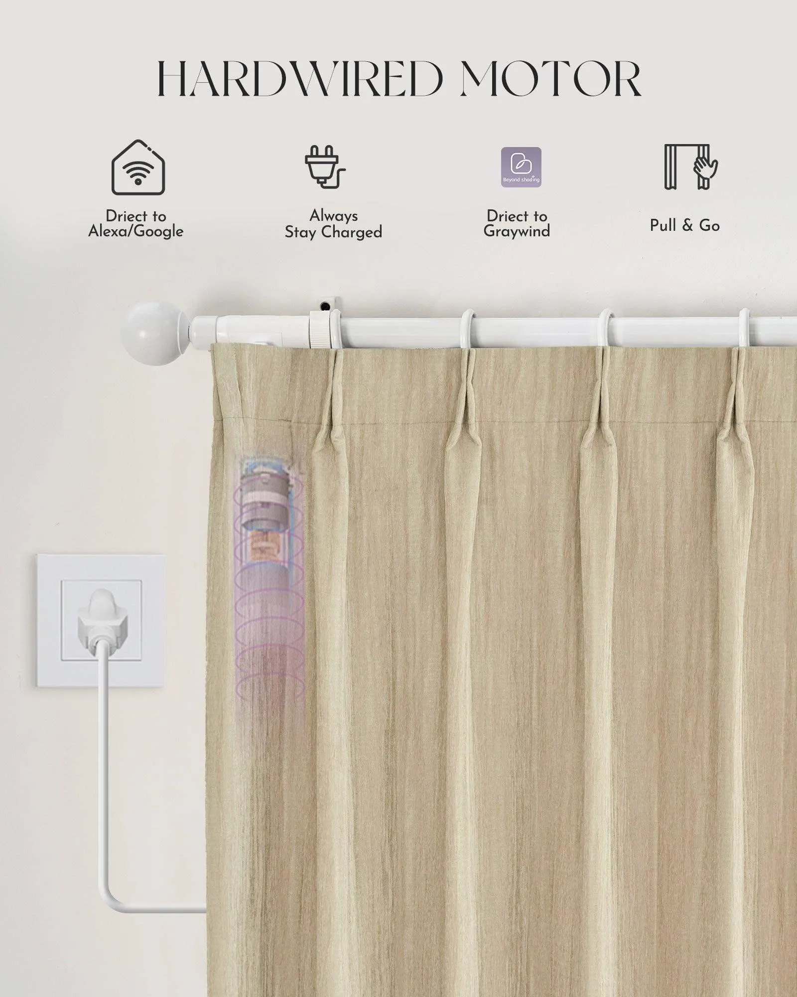 Graywind Hardwired Smart Curtain with Roman Rod | Light Filtering- Designed Series | Customizable