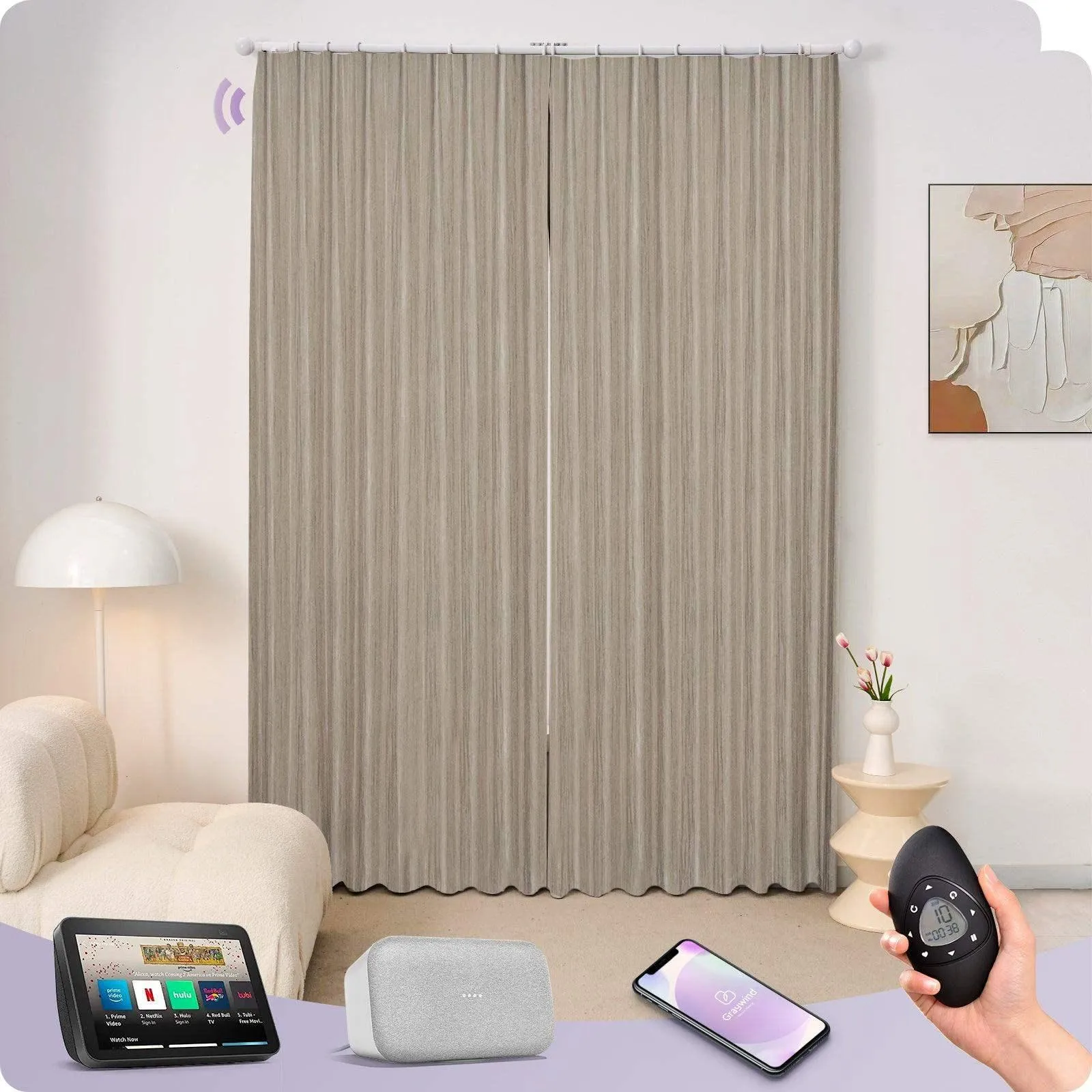 Graywind Hardwired Smart Curtain with Roman Rod | Light Filtering- Designed Series | Customizable