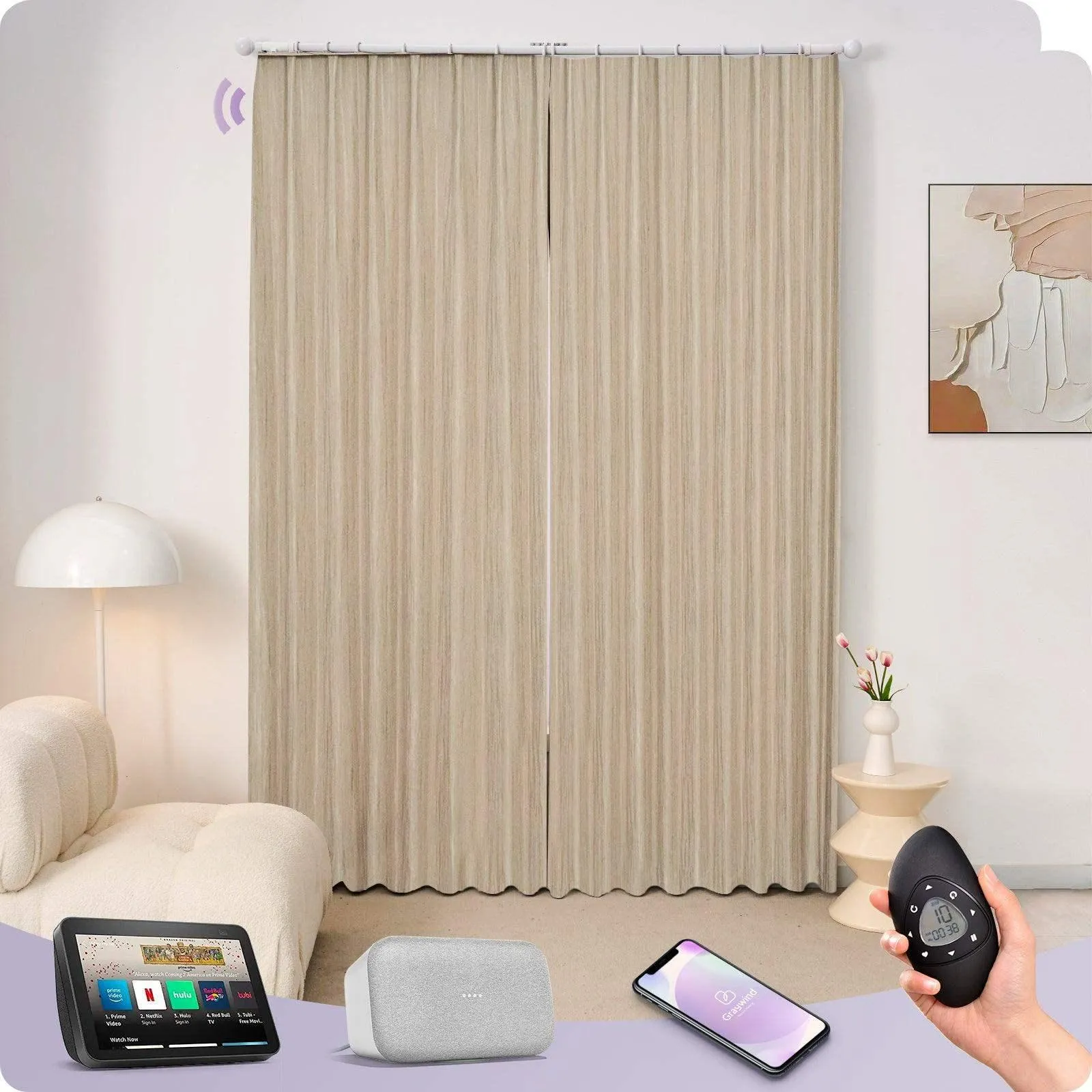 Graywind Hardwired Smart Curtain with Roman Rod | Light Filtering- Designed Series | Customizable