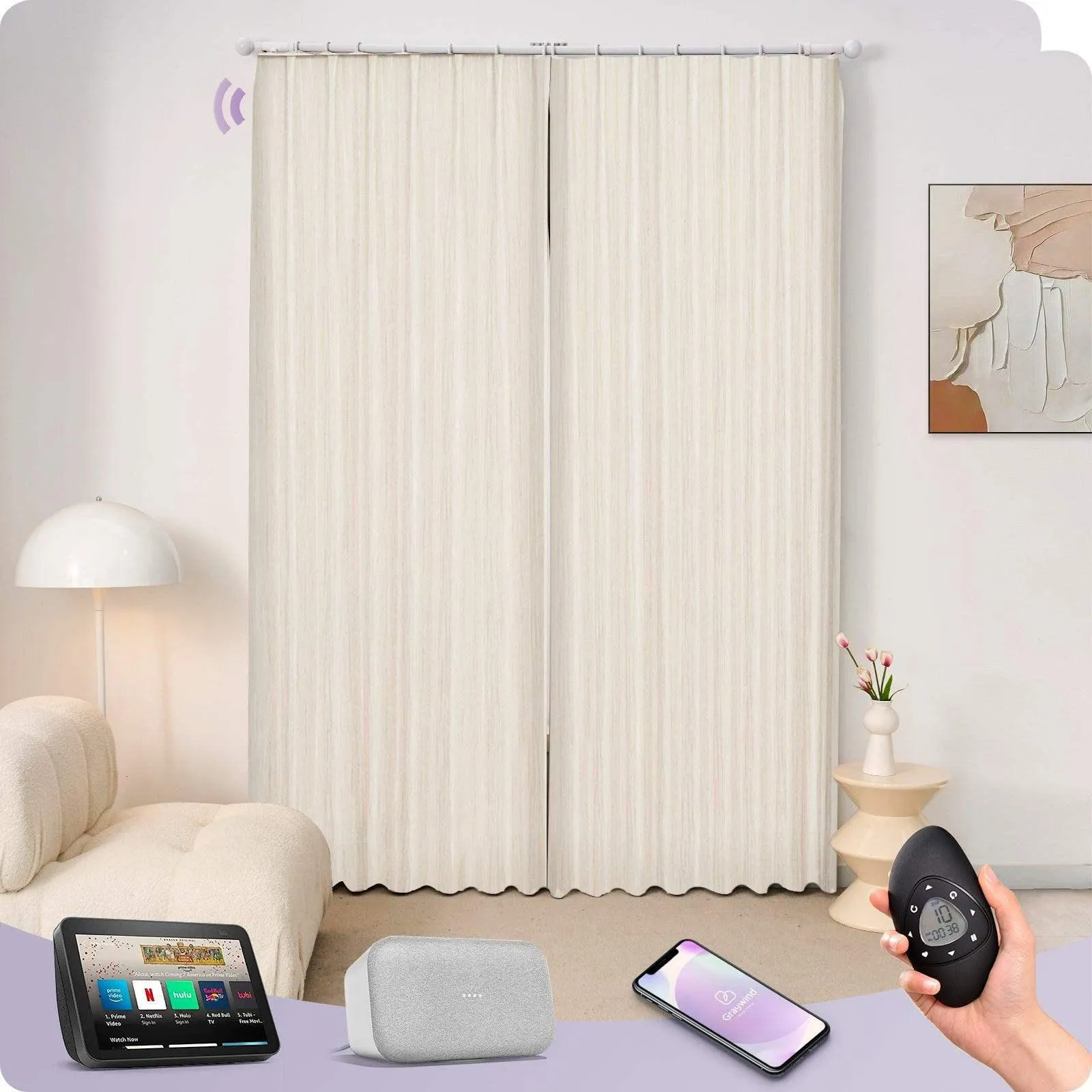 Graywind Hardwired Smart Curtain with Roman Rod | Light Filtering- Designed Series | Customizable