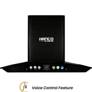 Hanco Voice Control Smart Hood HDE-85-Smart 600 to 900 mm, 3 Speed Touch Panel, Motion Sensor, Voice Control, Digital Screen Display, Double Bearing Copper Motor, Boat Filter with Big SS Oli Cup.