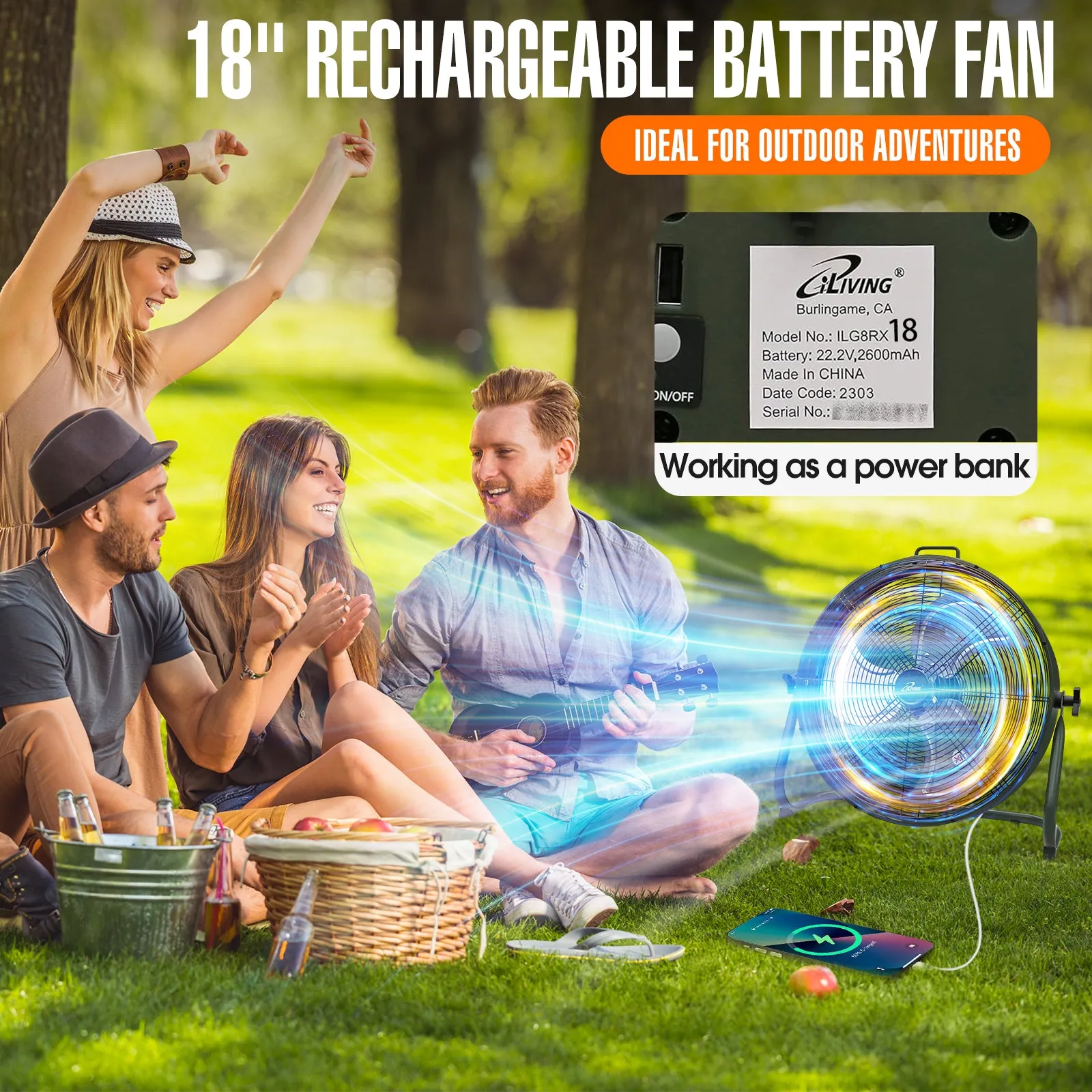 ILG8RX18 - iLiving 18" Rechargeable Battery Operated Camping Floor Fan, High Velocity Portable Outdoor Fan with Metal Blade, With Built-in Lithium Battery for Whole Day Usage, 18 Inches, Military Green