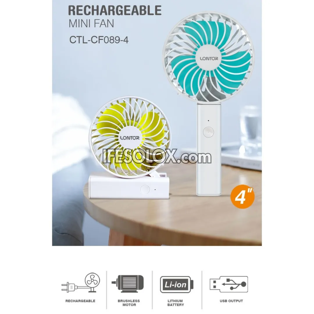 LONTOR 4" Rechargeable Portable Folding Fan with 3-Blades (CTL-CF089-4) - Brand New