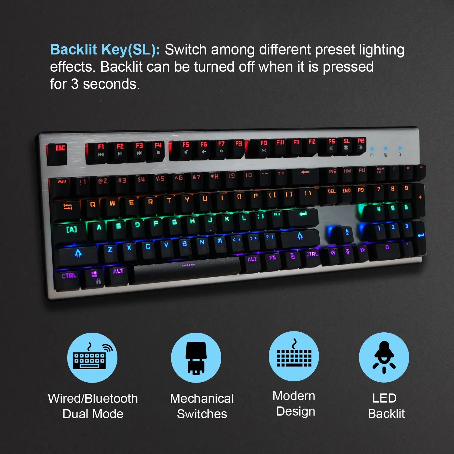 Mechanical Gaming Keyboard - RGB backlight, Clicky, Kailh Blue or Black Switches