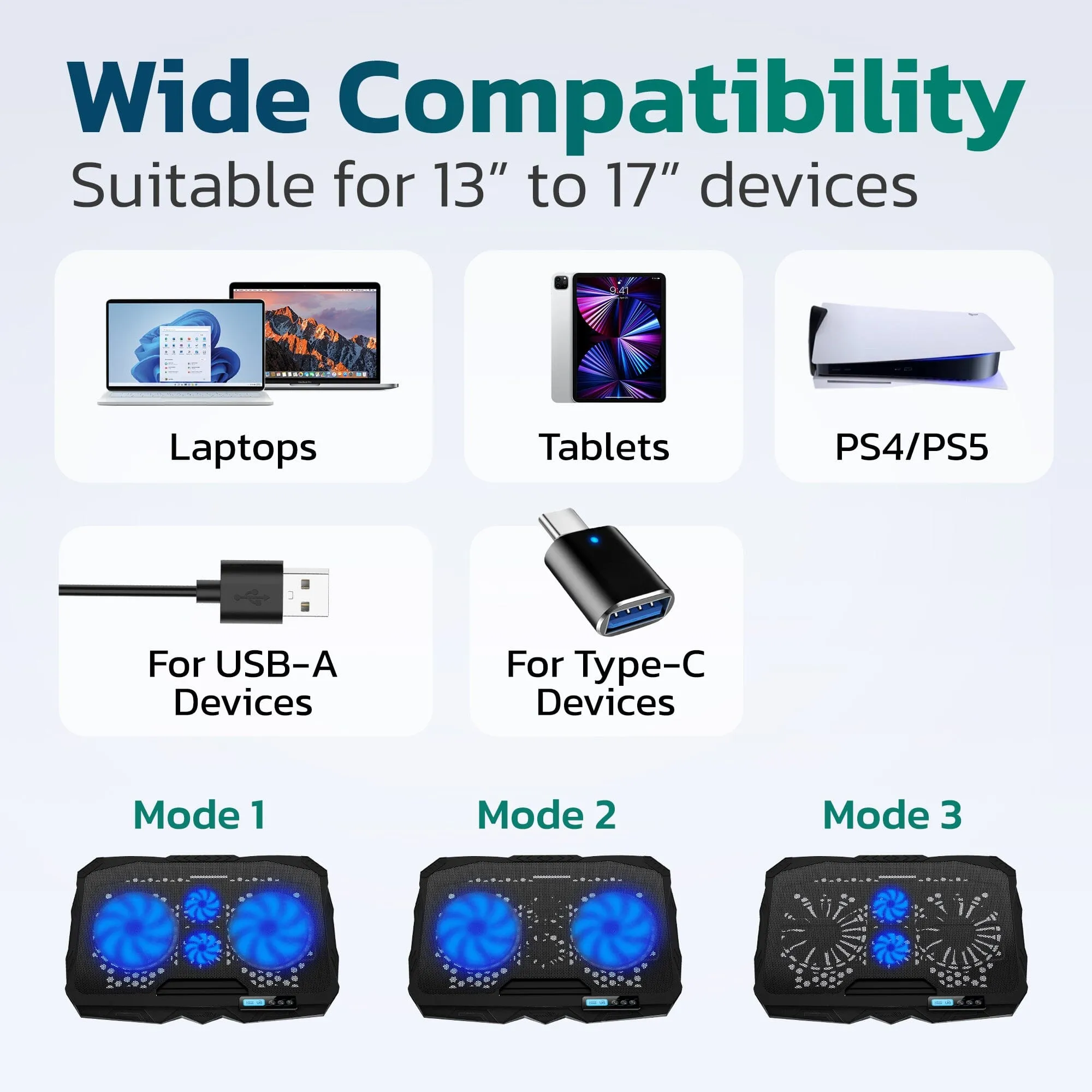 Purely Laptop Cooling Pad, 6 Adjustable Height Laptop Stand, 4 Fans: 3 Fan Modes   6 Speeds, LED Display, 2 USB Ports