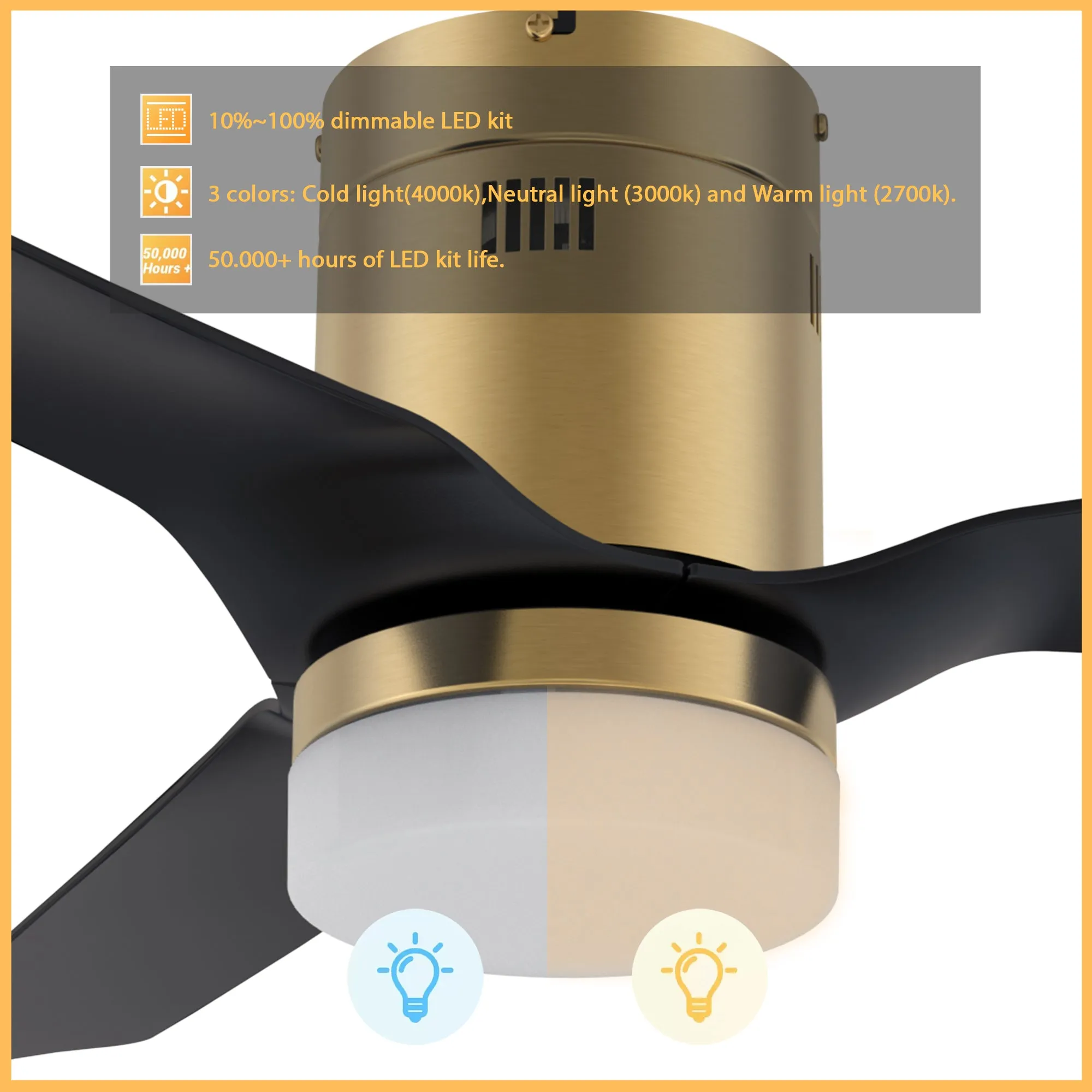 SPEZIA 48 inch 3-Blade Flush Mount Smart Ceiling Fan with LED Light Kit & Remote - Gold/Black