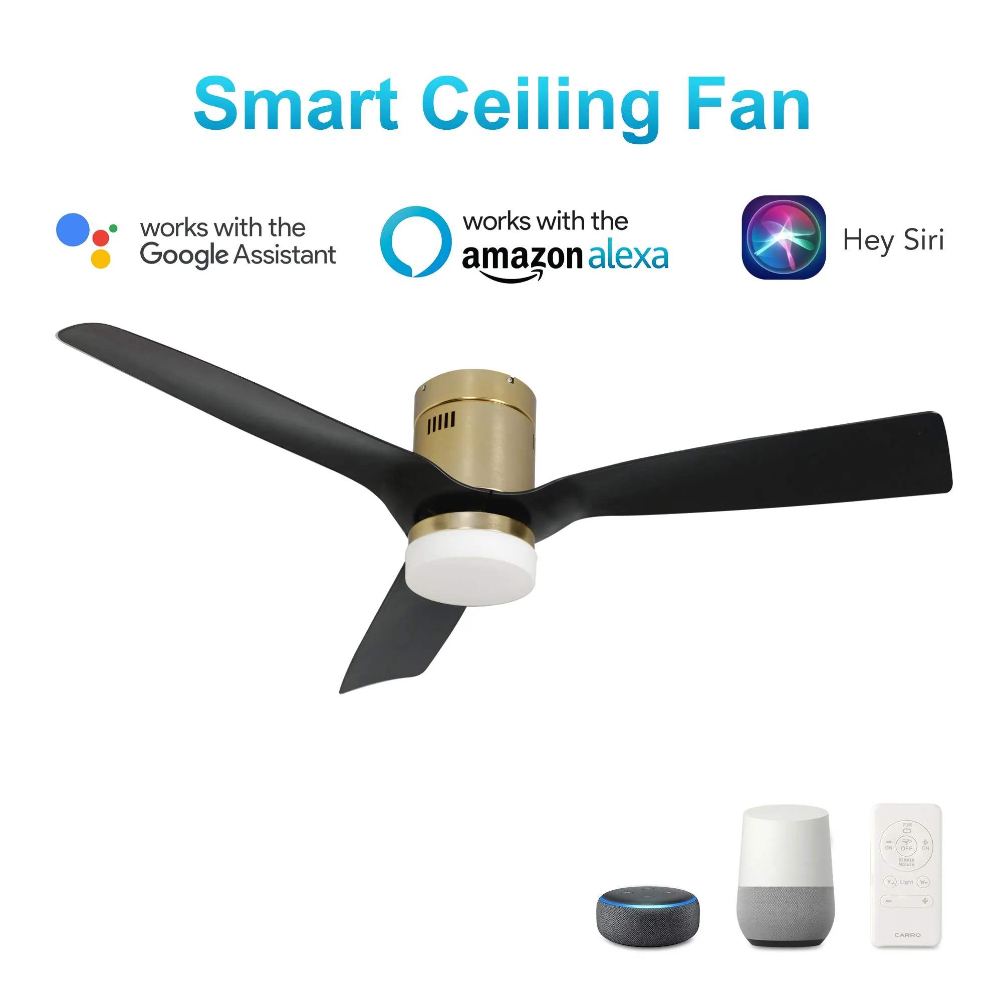 SPEZIA 48 inch 3-Blade Flush Mount Smart Ceiling Fan with LED Light Kit & Remote - Gold/Black