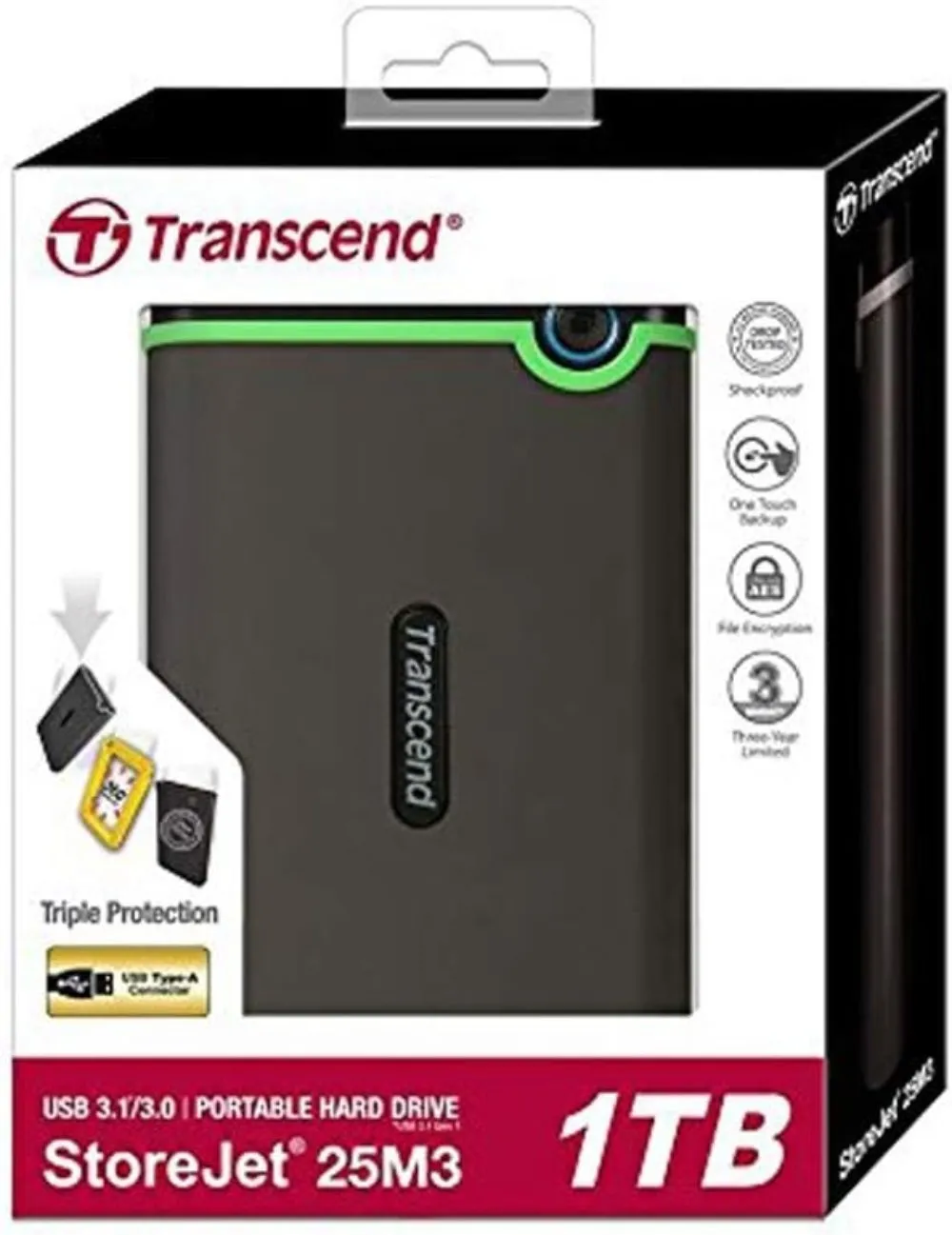 Transcend 1TB Storejet 25M3S rugged 2,5inches USB 3.1 Gen 1 interface Iron Gray, TS1TSJ25M3S 1 TB