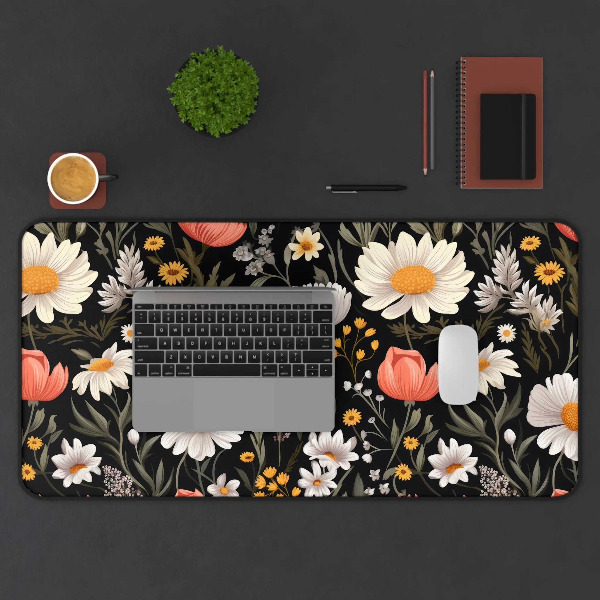 White Pink Daisy Dark Floral Laptop Computer Desk Mat