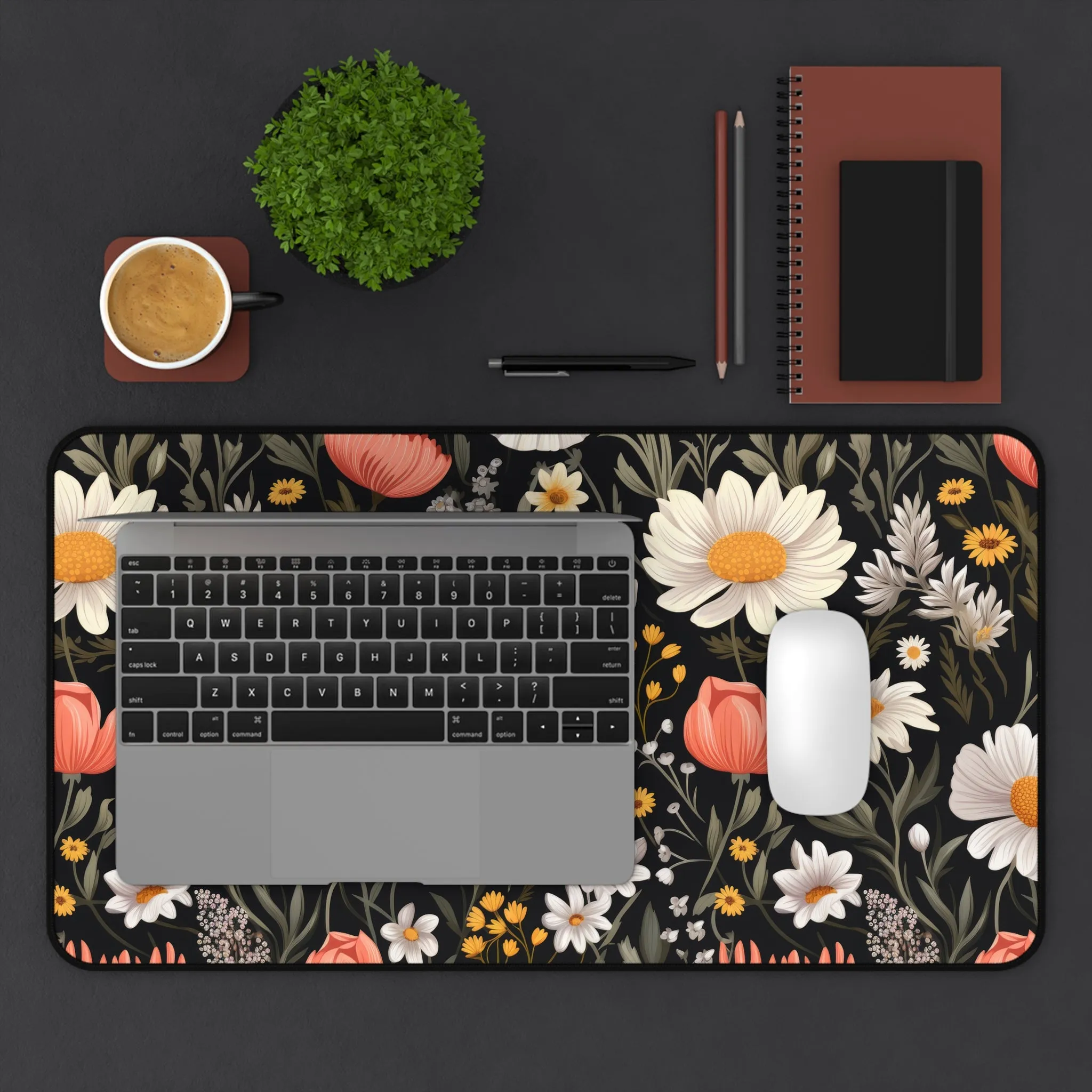 White Pink Daisy Dark Floral Laptop Computer Desk Mat