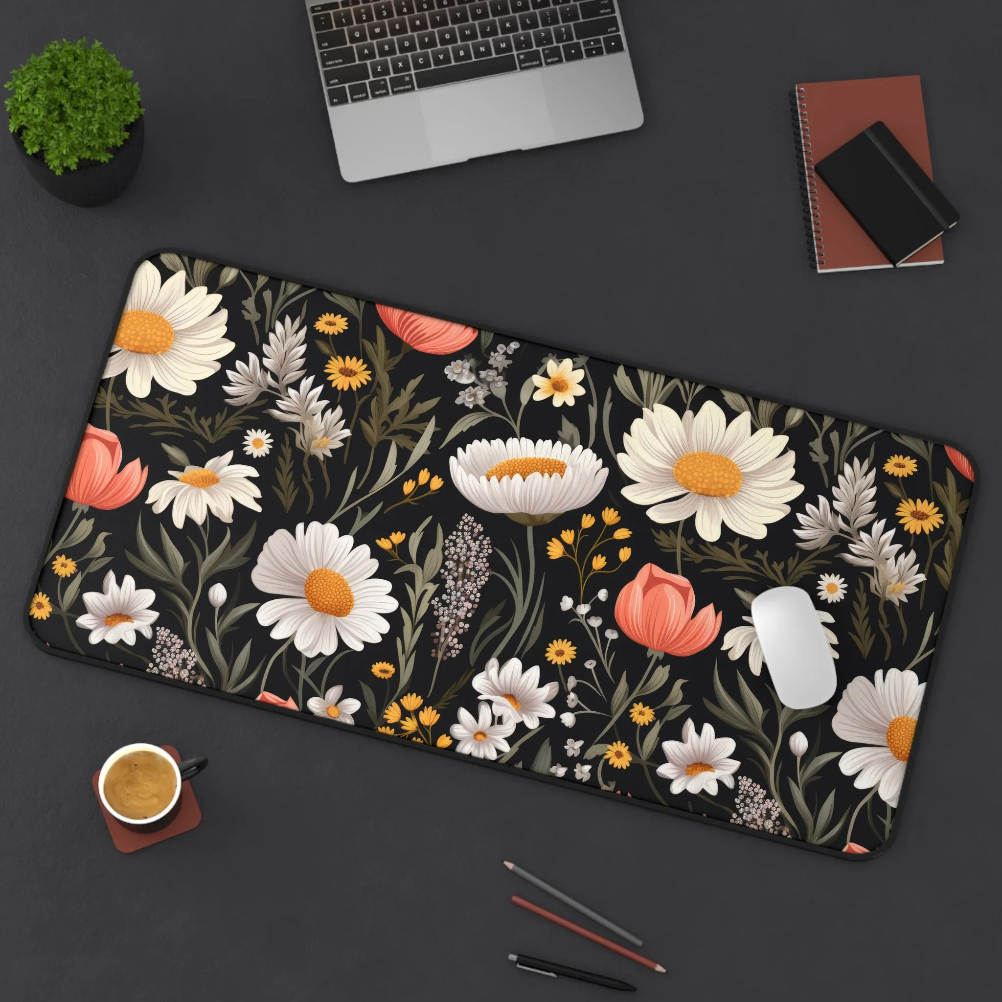 White Pink Daisy Dark Floral Laptop Computer Desk Mat