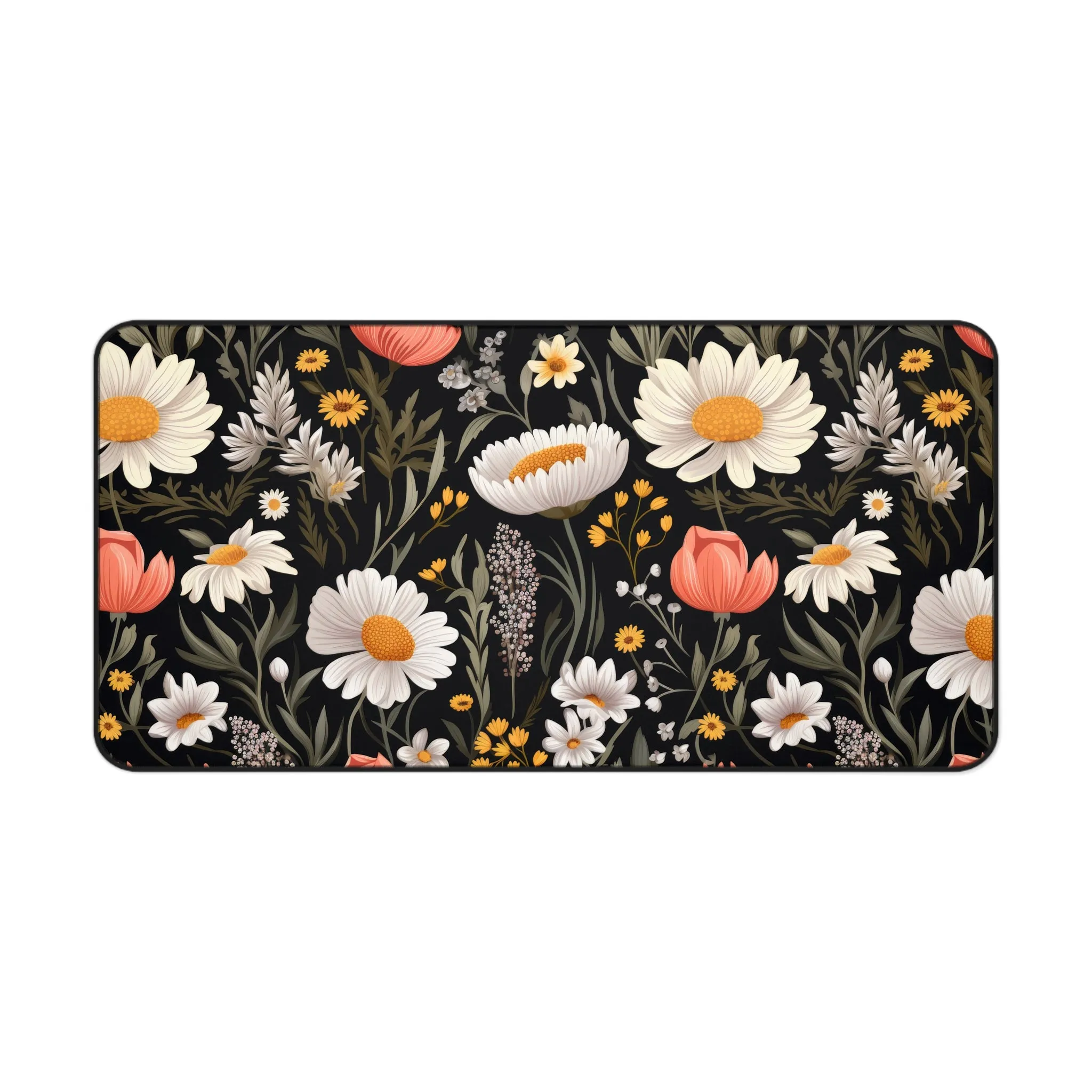 White Pink Daisy Dark Floral Laptop Computer Desk Mat