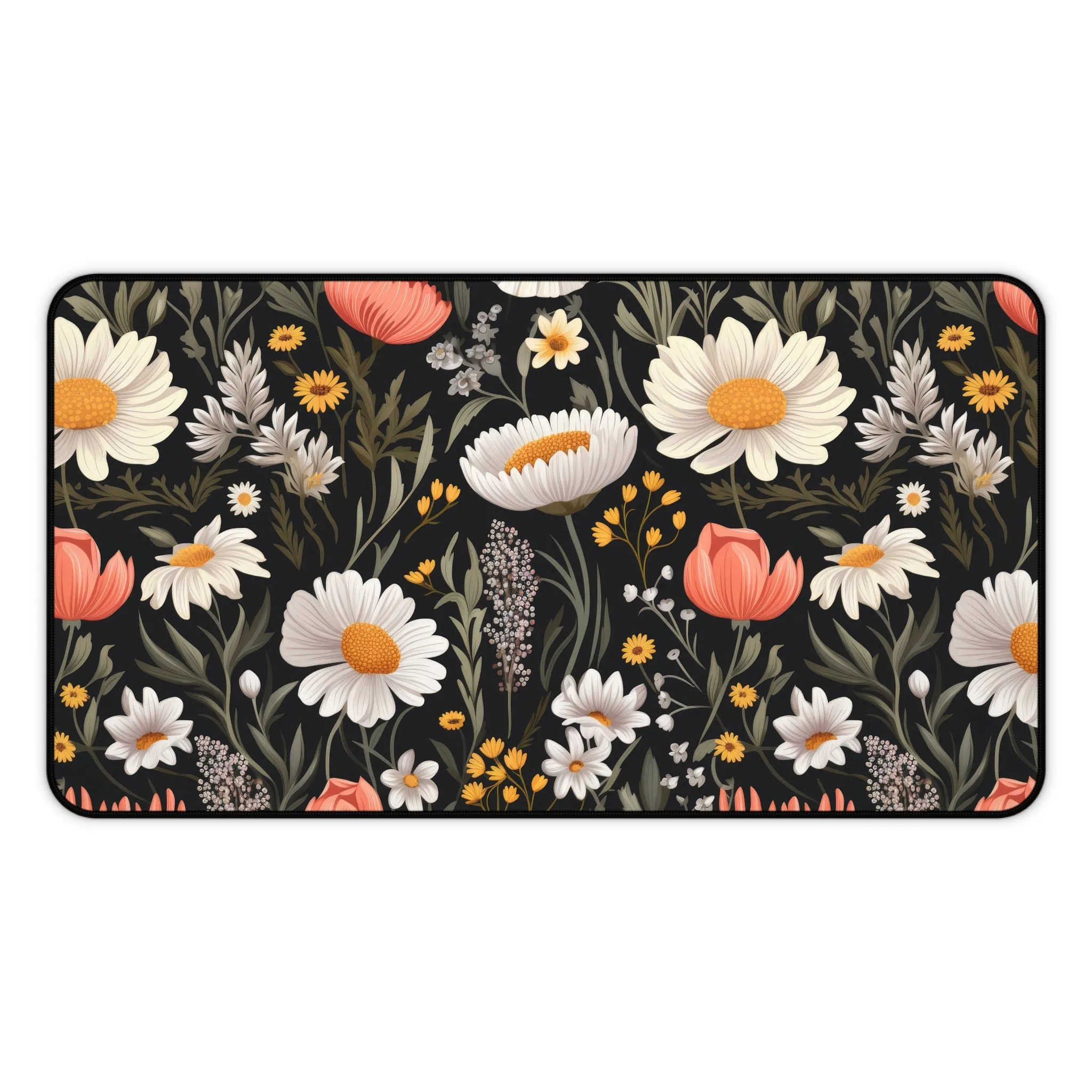 White Pink Daisy Dark Floral Laptop Computer Desk Mat